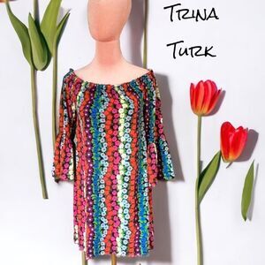 TRINA TURK OFF THE SHOULDER MINI DRESS SMALL RUFFLE SLEEVES BRIGHT FLORALS